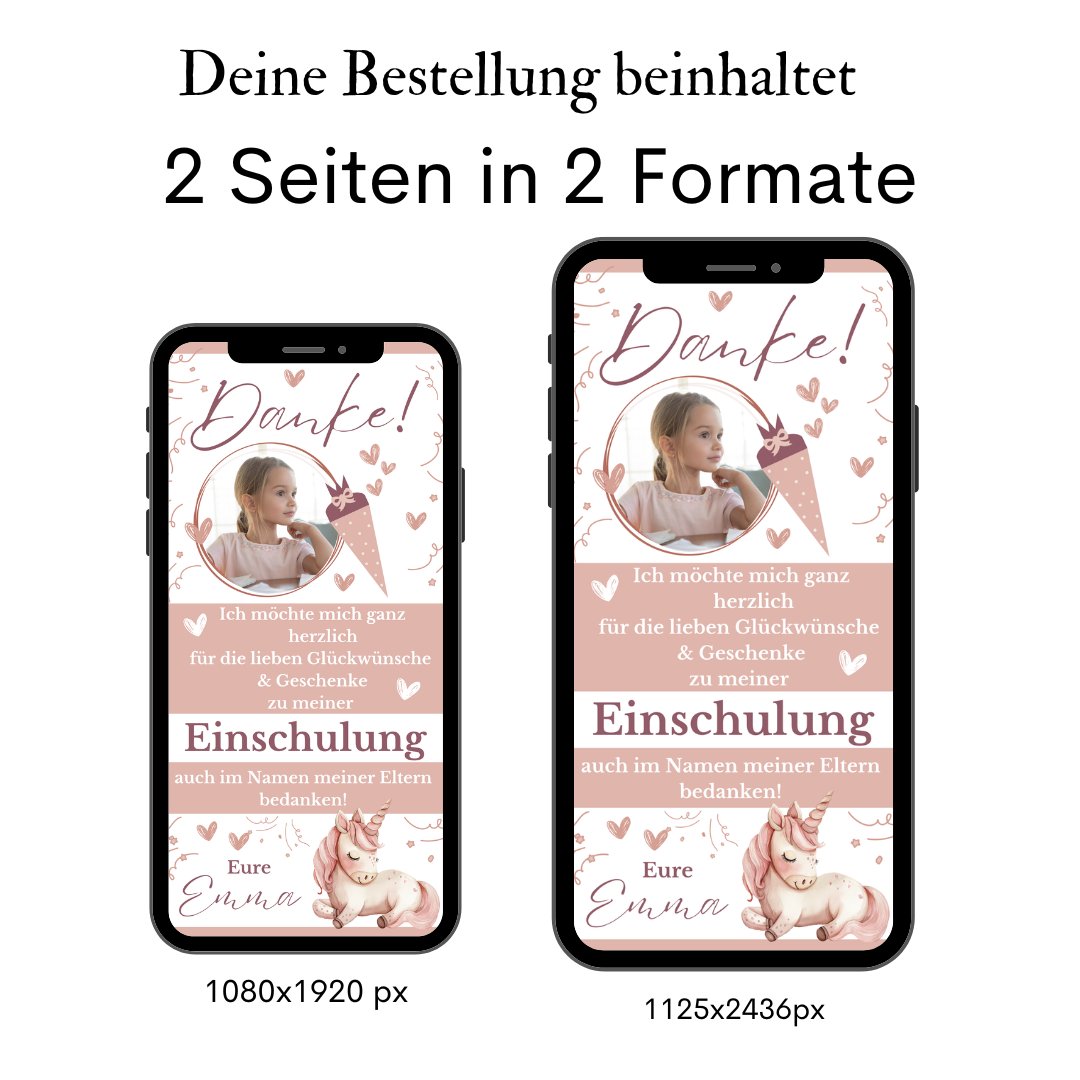 Rosa Einhorn Danksagung zur Einschulung als Handykarte auf zwei Smartphones