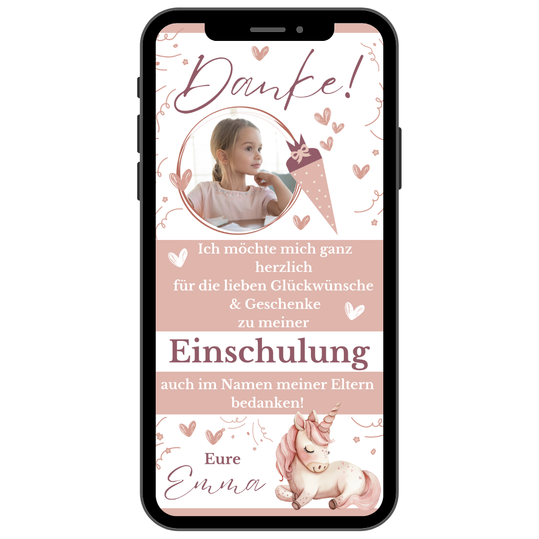 Smartphone mit Danksagung zur Einschulung mit Einhorn in rosa