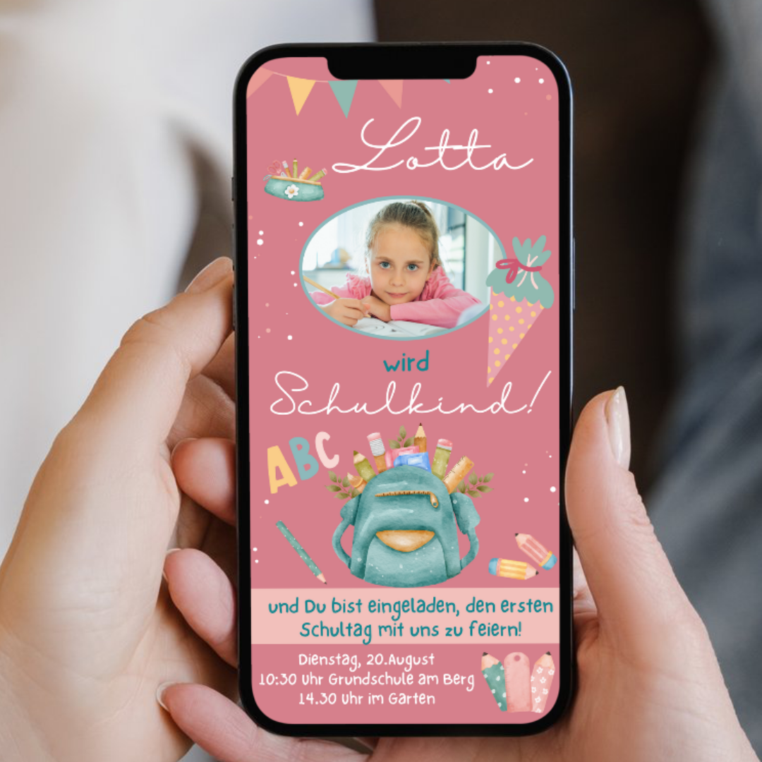 Einladung zur Einschulung in rosa mit einem bunten Schulstart-Motiv