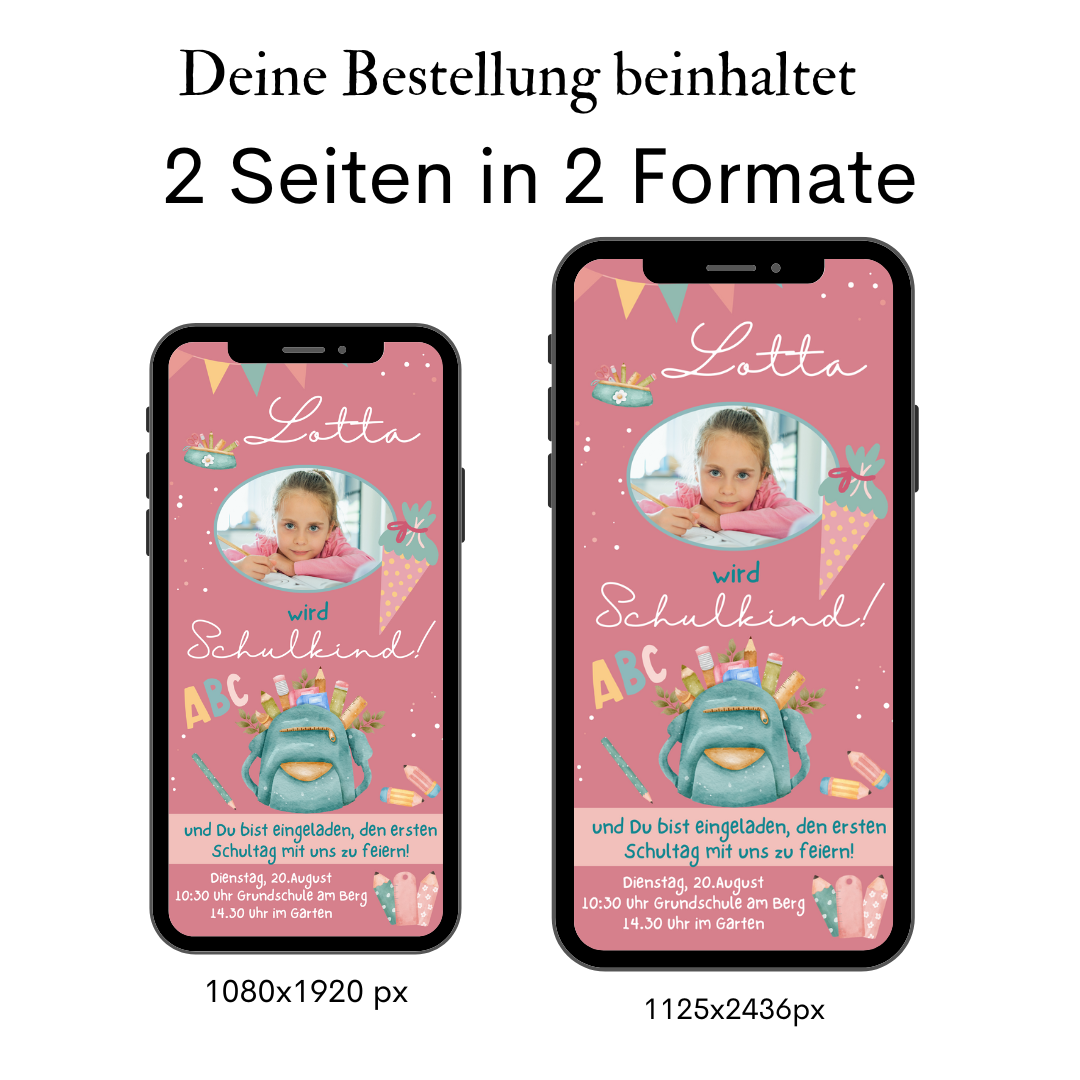 Zwei Einladungen zur Einschulung in rosa mit liebevollen Illustrationen und Foto