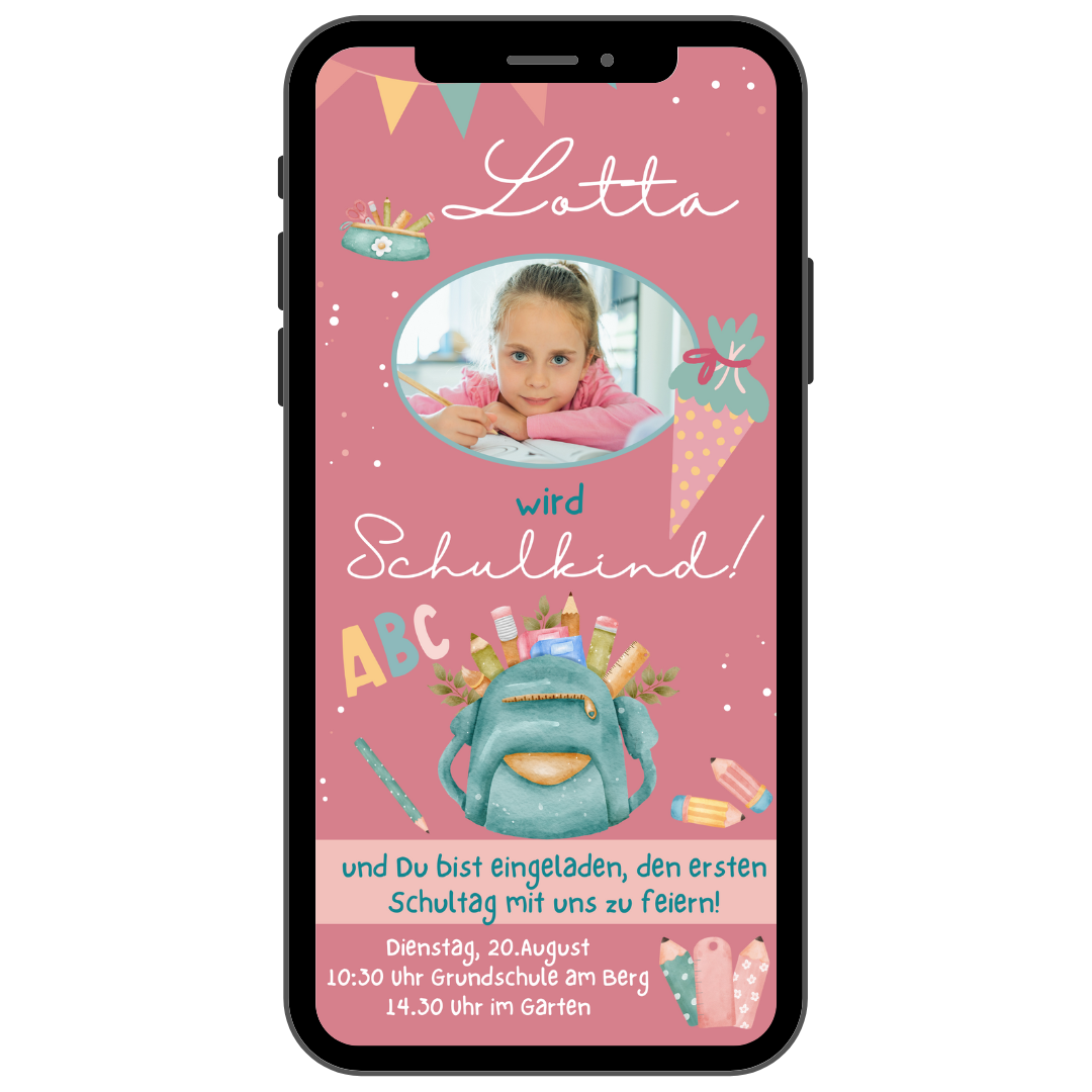 Einladung zur Einschulung in rosa mit Foto und Schulmotiven