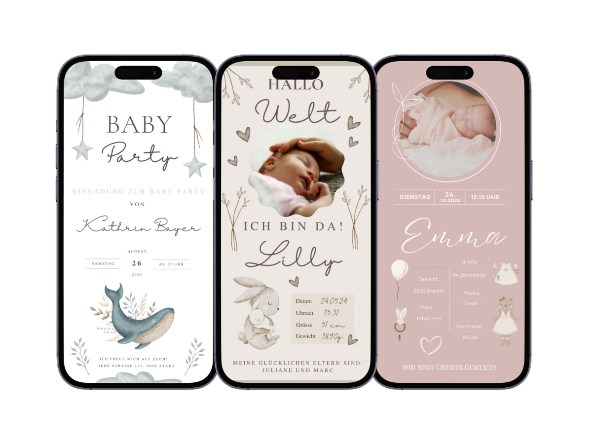 drei Smartphone Ansichten mit digitalen Einladung zur Babyparty und Geburtsanzeigen