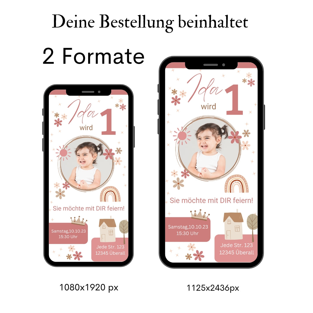 Zwei Smartphone zeigen eine Einladung zum ersten Geburtstag, gestaltet mit rosa Blumen, Regenbogen und einem Foto eines Mädchens.