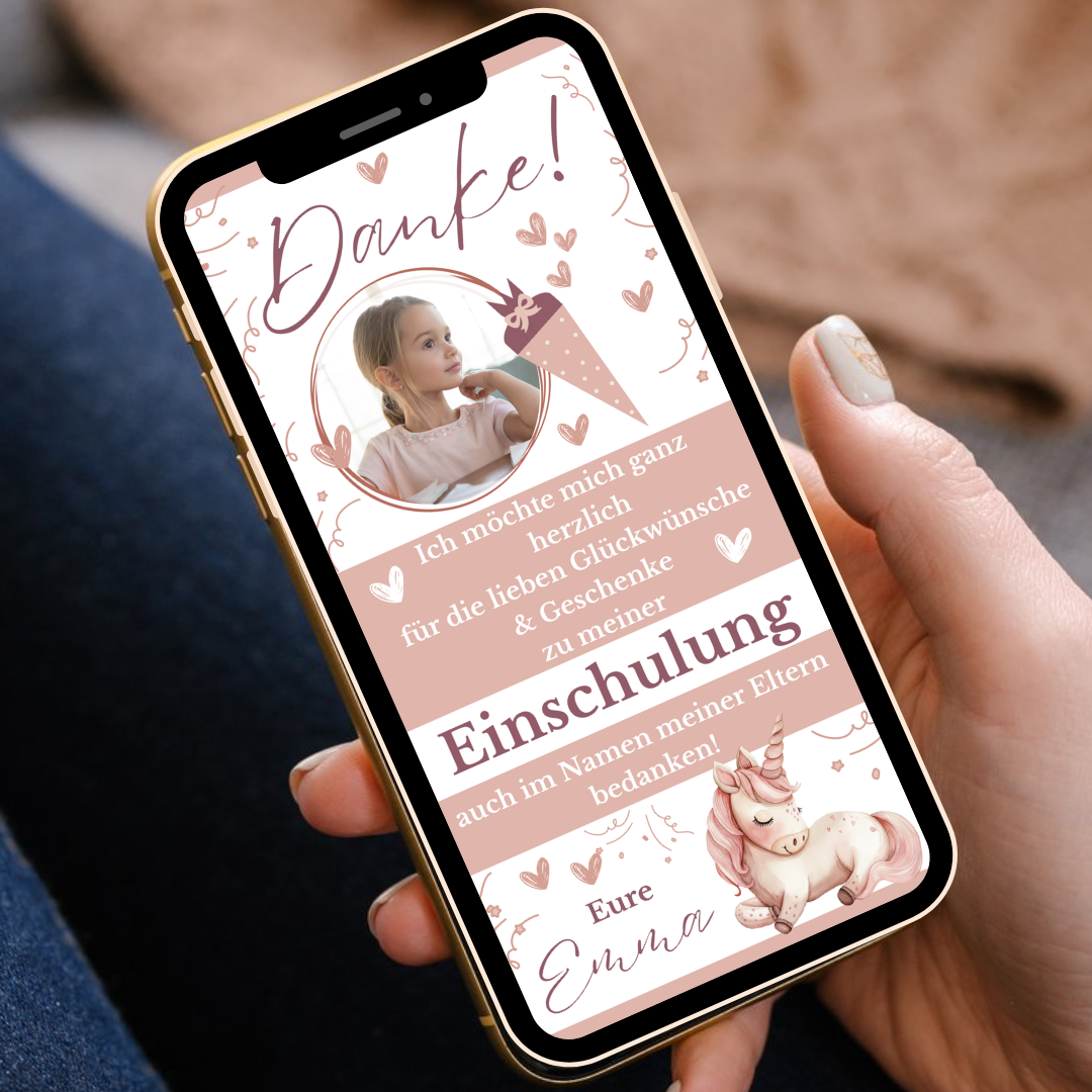 Handy mit Dankeskarte zur Einschulung mit Einhorn in Rosa