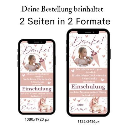 Rosa Einhorn Danksagung zur Einschulung als Handykarte auf zwei Smartphones