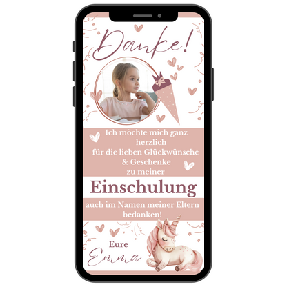 Smartphone mit Danksagung zur Einschulung mit Einhorn in rosa