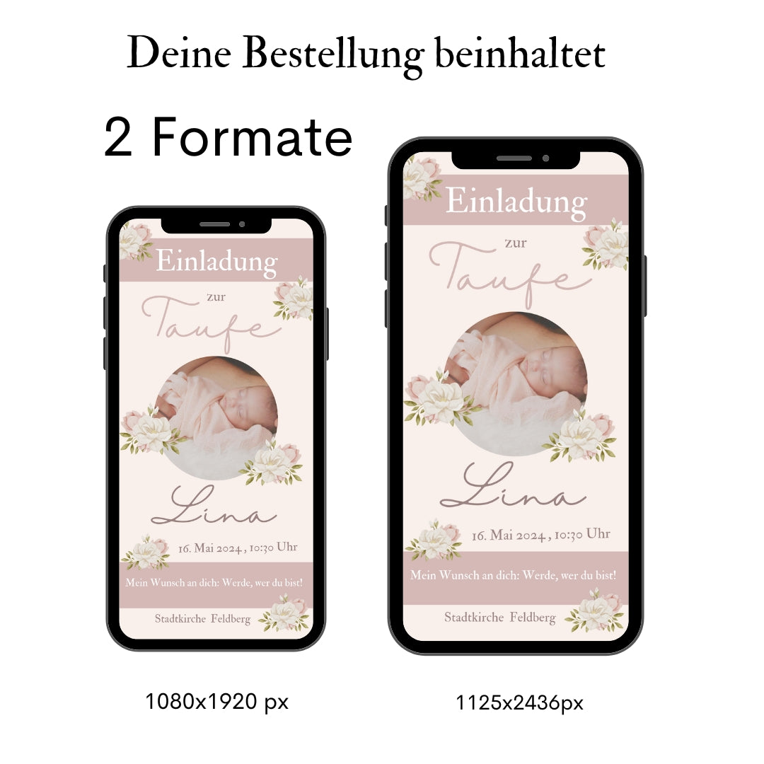 Digitale Einladung Taufe rosa