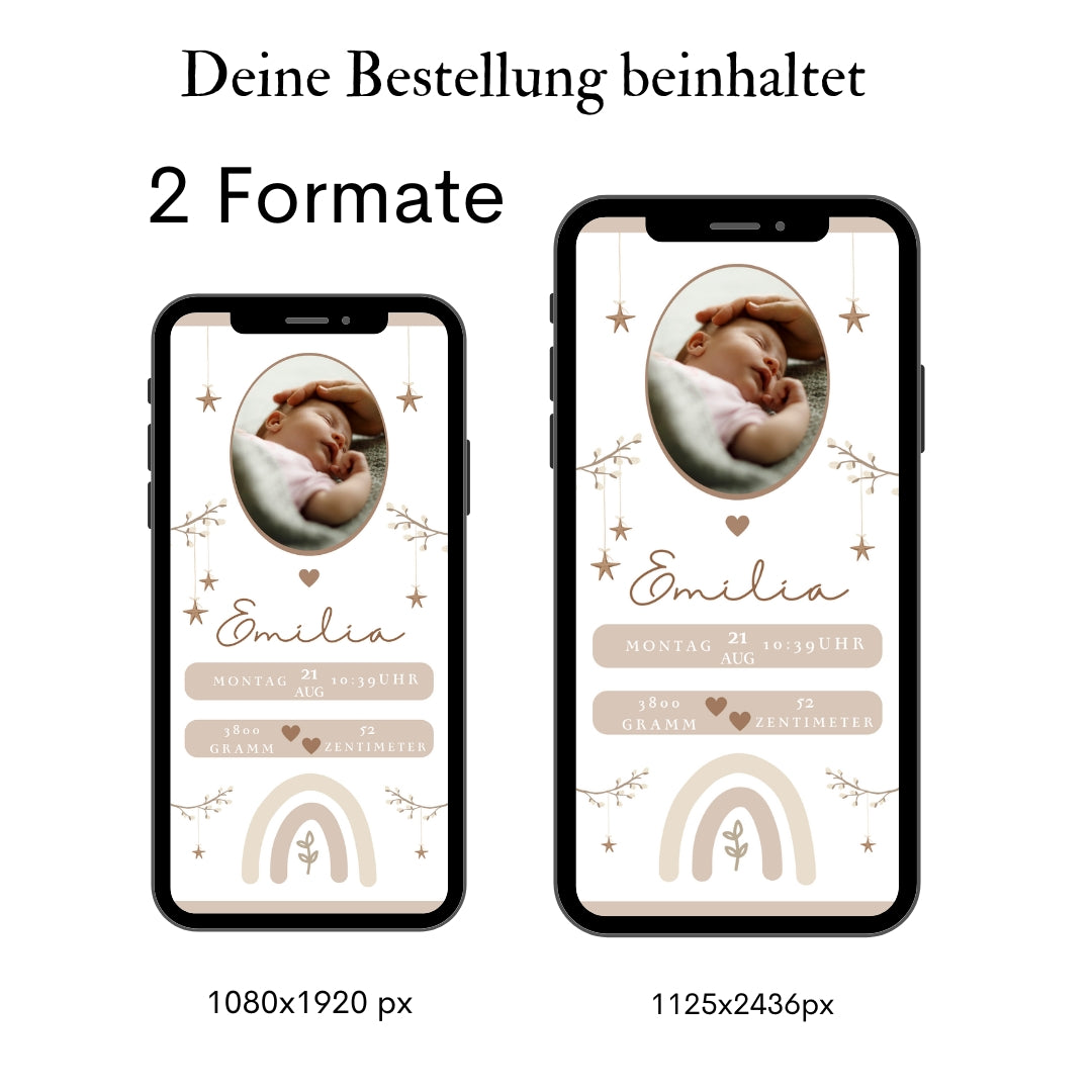 Grafik mit zwei Formaten einer digitalen Geburstkarte mit Regenbogen in beige , beide mit Foto. 