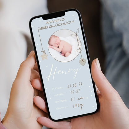 Digitale Geburtskarte hellblau