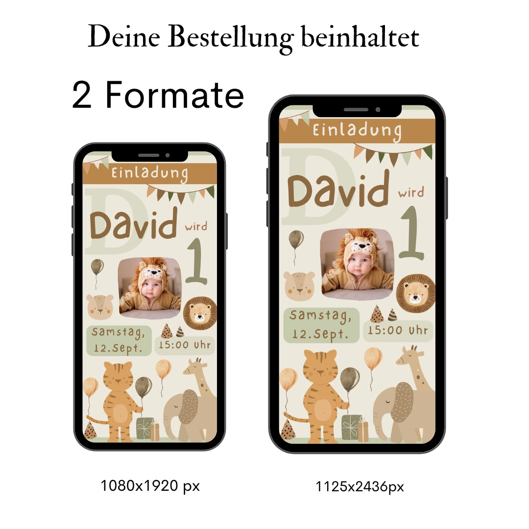 Zwei Smartphone mit Einladung zum 1. Geburtstag mit Tieren