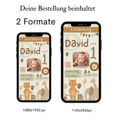 Zwei Smartphone mit Einladung zum 1. Geburtstag mit Tieren