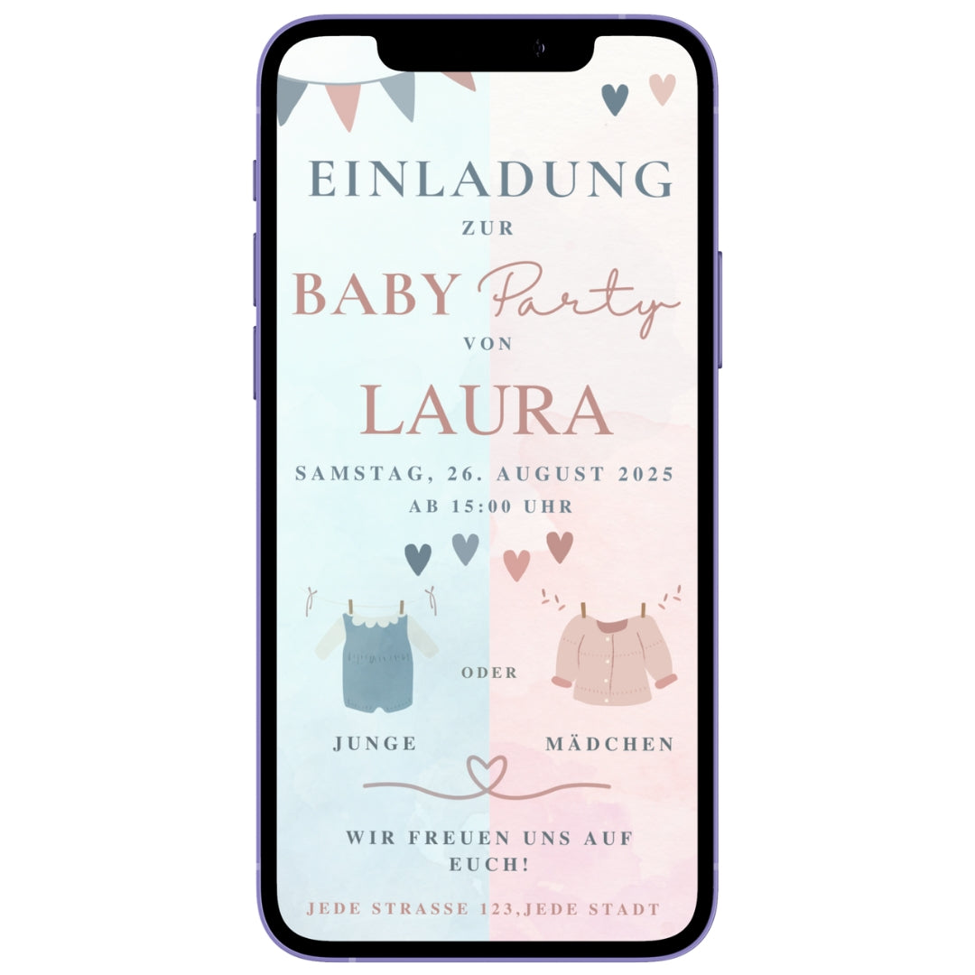 Einladung zur Baby-Party Illustration mit blauen und rosa Herzen, einem blauen Strampler für einen Jungen und einem rosa Jäckchen für ein Mädchen. 