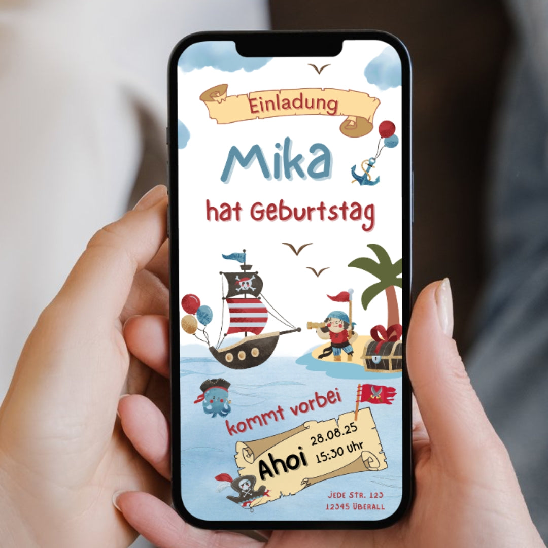 Smartphone mit Einladung zum Piraten Kindergeburtstag