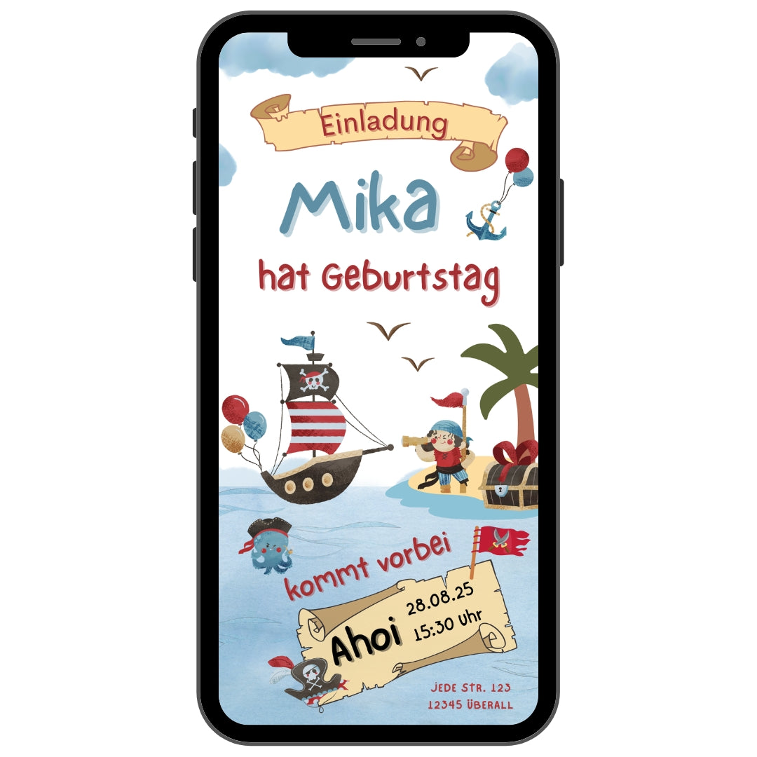 Einladung zum Kindergeburtstag mit Piratenmotive für Smartphone