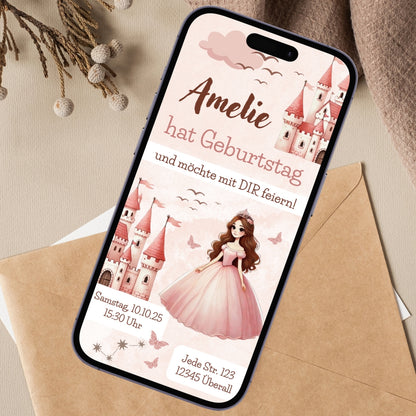 Smartphone mit Einladungskarte zum Kindergeburtstag Die digitale Einladung ist in Rosa gehalten und zeigt ein gezeichnetes Schloss sowie eine Prinzessin in einem langen, rosa Kleid mit Krone. 