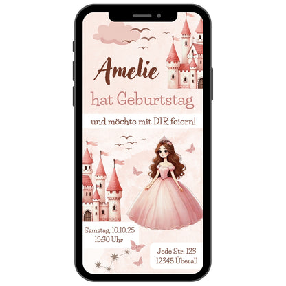 Einladungskarte zum Kindergeburtstag Die digitale Einladung ist in Rosa gehalten und zeigt ein gezeichnetes Schloss sowie eine Prinzessin in einem langen, rosa Kleid mit Krone. 