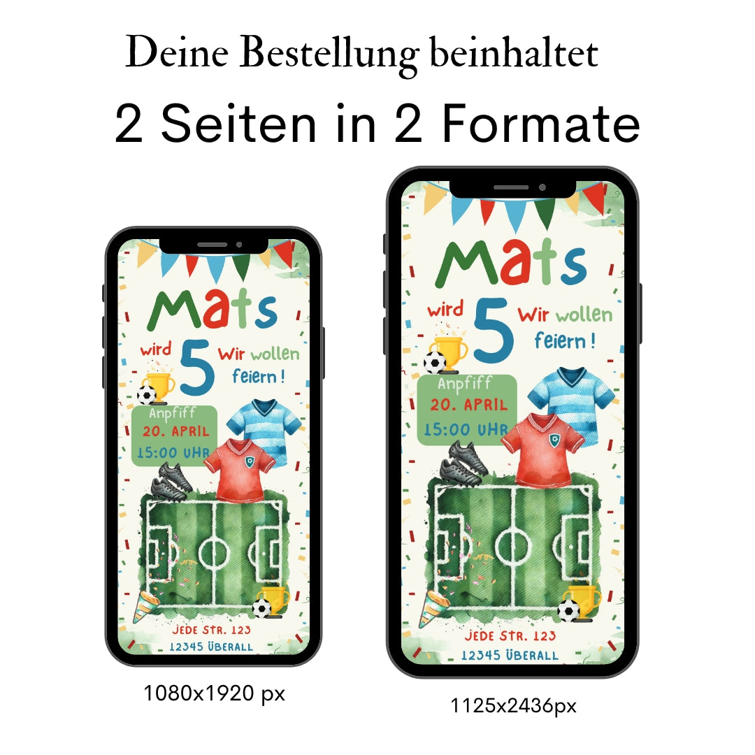 Zwei Smartphone mit Einladung zum Jungengeburtstag zum Thema Fussball, bunt und mit Fussballmotiven