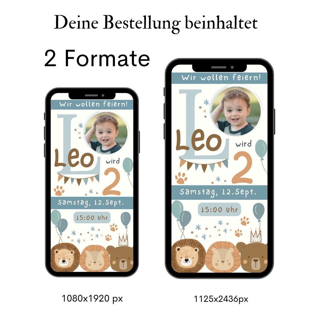 Zwei smartphone mit Tiger, Bär und Löwe mit Luftballons auf einer Foto Einladung für Kinder