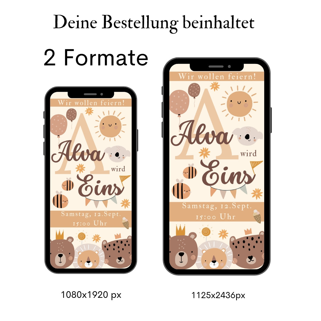 Zwei Smartphone mit Einladung zum Kindergeburtstag mit Tieren in Pastell Gelb