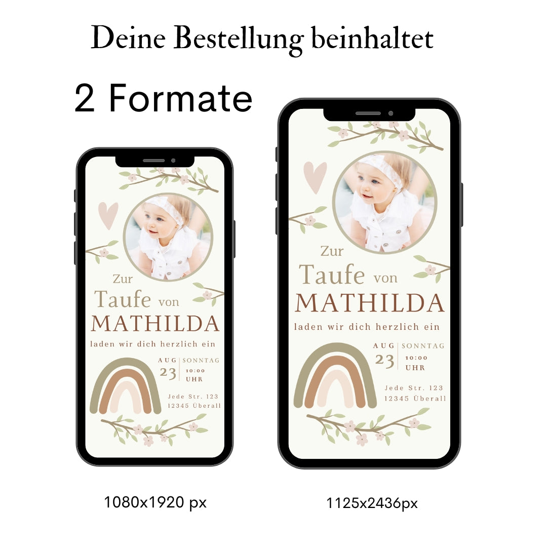 Grafik mit zwei Formaten einer digitalen Einladung zur Taufe , beide mit Foto. 