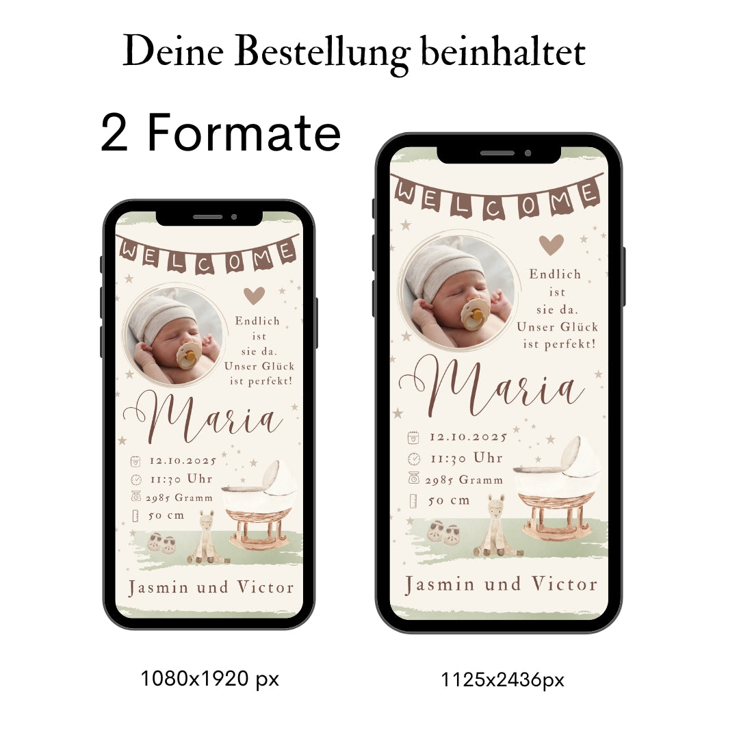 Zwei Smartphone mit Geburtsanzeige in beige mit Foto niedlichen Motiven